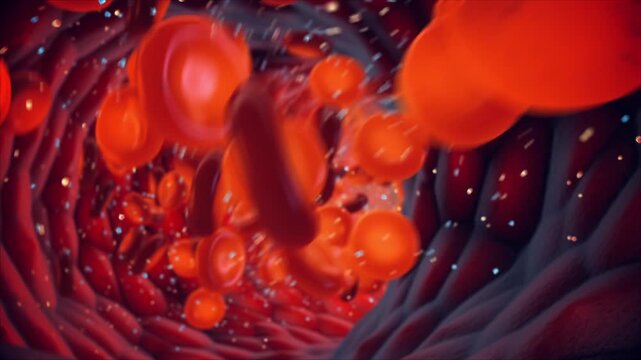 Bright Red Blood Cells Clustered in a Vessel