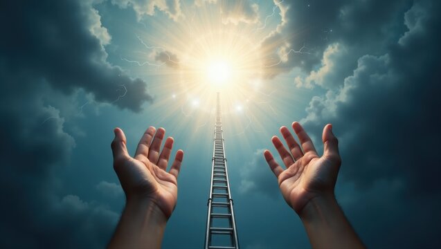 Hands Reaching Ladder Leading to Bright Light in Cloudy Sky