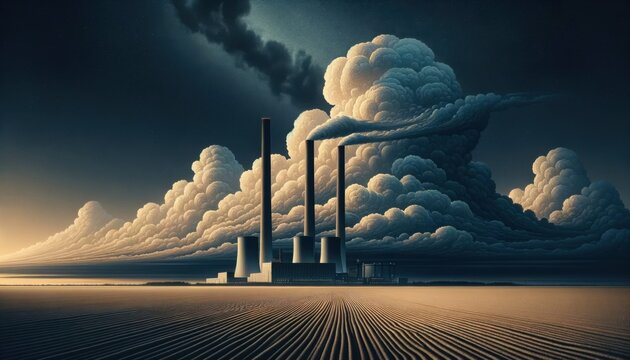 Power Plant with Dramatic Billowing Smoke Clouds at Dusk