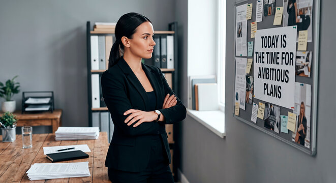 Confident businesswoman in black blazer standing with arms crossed near motivational poster in modern office, ambitious leadership concept [copy space]