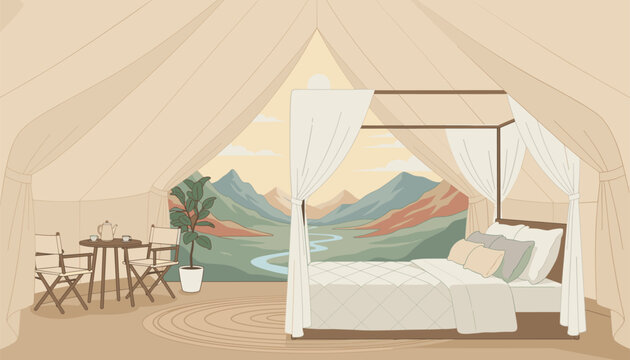 Elegant glamping tent bedroom interior with a four poster canopy bed and a scenic mountain river landscape view.