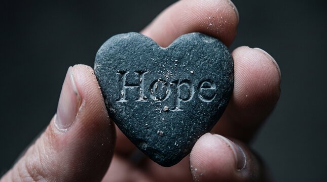 Dark Stone Heart with Hope Message in Hands