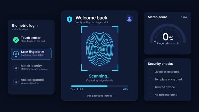 Biometric Fingerprint Scanning Interface Verifying Identity and Granting Access on Dark UI Dashboard, Isolated on Solid Background