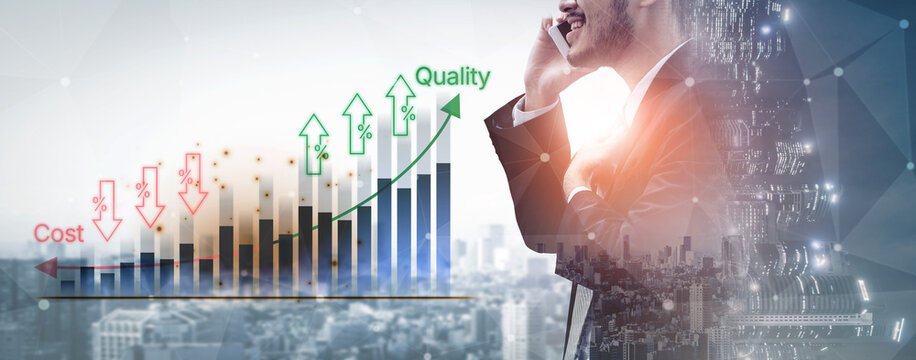 Business Professional Discusses Strategies for Improving Quality While Managing Costs Amidst Graphical Data Visualizations. Bitwise.