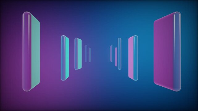 Frosted glass slabs sliding past the camera in rhythmic corridor motion through vibrant neon gradient space for high-end digital marketing