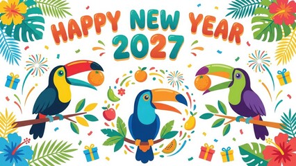 Fototapeta premium Happy new year 2027 greeting card design with colorful tropical toucan birds and flowers