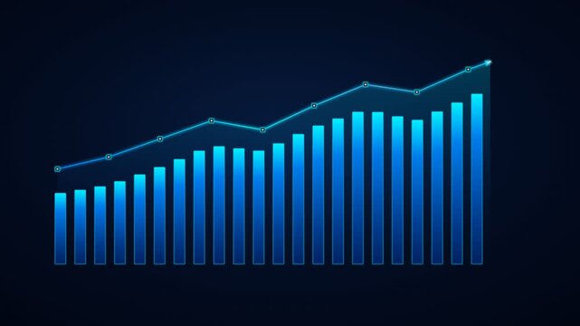 Financial growth bar chart rising with steady progressive motion in dark digital void featuring glowing neon cyan lighting for corporate reporting