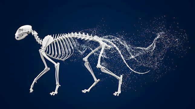 Anatomy of a feline creature showing the skeletal system structure dissolving into particles on a dark blue surface representing the scientific study of animal bodies through digital research