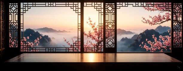 Fototapeta premium Oriental window frame view misty mountains, pink peach blossoms. Empty wooden table stands in front of scenic landscape at sunrise. Beautiful nature background for Chinese New Year Mid Autumn