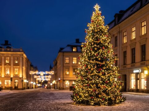 A tall decorated Christmas tree is illuminated with sparkling string lights amidst the festive atmosphere of a city street at twilight, scene, bright, celebration