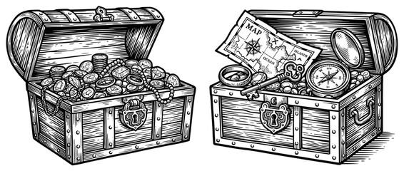 Vintage Treasure Chests Filled with Gold Coins and Map © tati