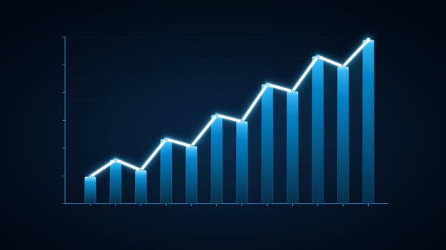 Blue isometric bar chart ascending rhythmically with glowing line graph dark digital for financial reporting