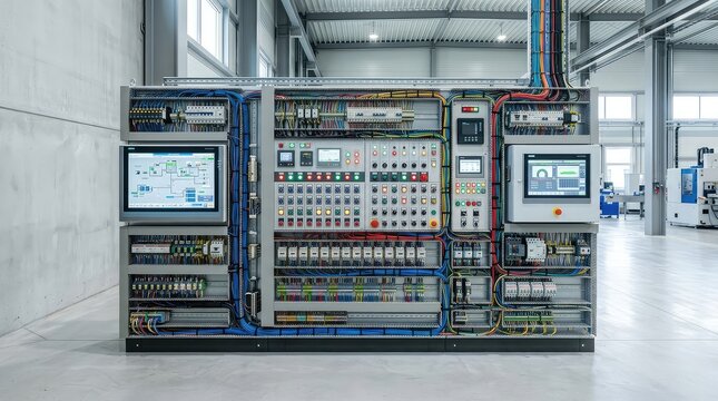 A wide, clean-angle photograph of complex electrical panels with wiring, buttons, switches, and screens in a factory environment, electronics, power, wiring