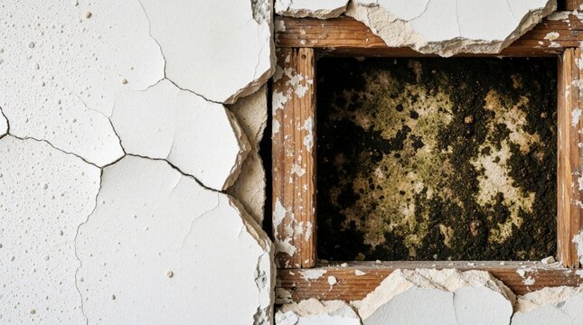 Damaged drywall panel black mold, moisture damage inside wall cavity. Broken plaster shows wooden stud frame with fungal growth. Toxic contamination, water rot cause health hazard in old home