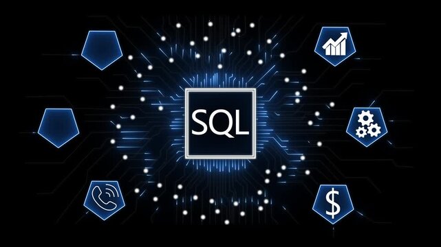 Sql database management concept with digital circuit board interface and business programming coding