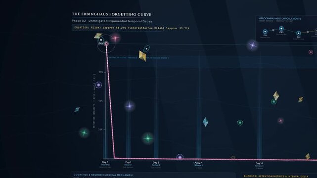 Animated infographic of the Ebbinghaus forgetting curve and spaced repetition showing memory retention intensity over time with brain synapses equations and neural engram architecture on a dark UI