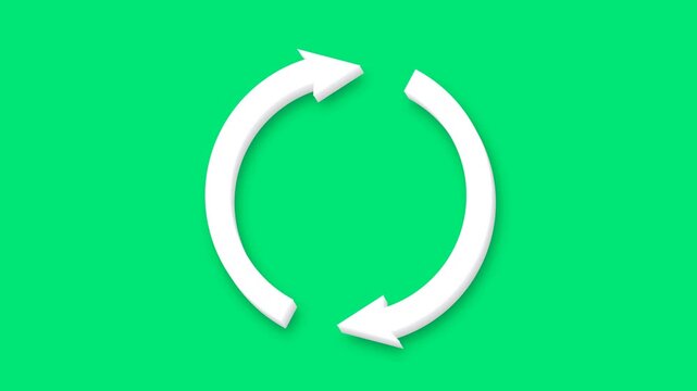 White 3d cycle arrows spinning clockwise chroma key green background with minimalist animation for environmental sustainability