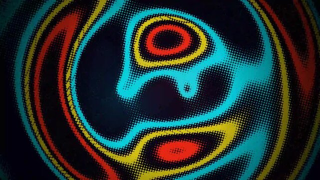 Abstract circular background with colorful halftone dots and swirling neon wave patterns in yellow blue and red