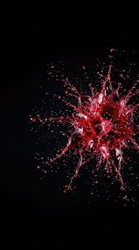 An dynamic, high-speed photograph capturing a burst of vibrant, dark red organic pomegranate juice exploding dynamically against a black background, splash, intense, juice