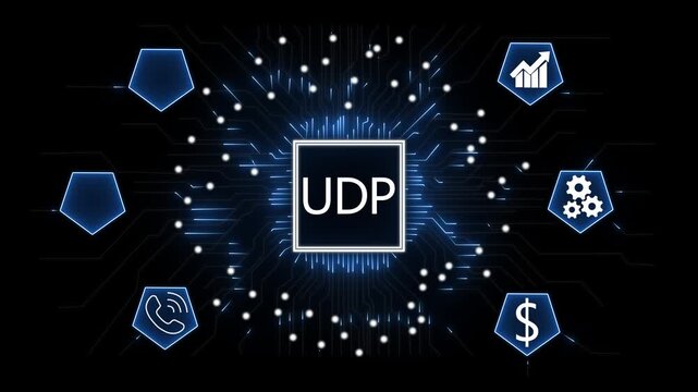 Udp protocol network technology concept with digital circuit board interface and business user datagram protocol