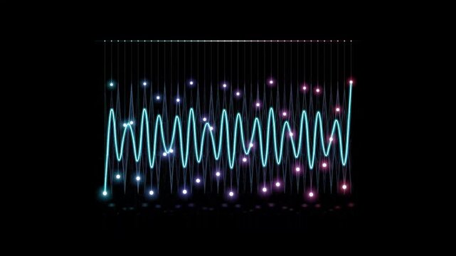 Abstract glowing neon sine wave graph with bright dots on a dark background representing digital data analysis and scientific sound frequency visualization