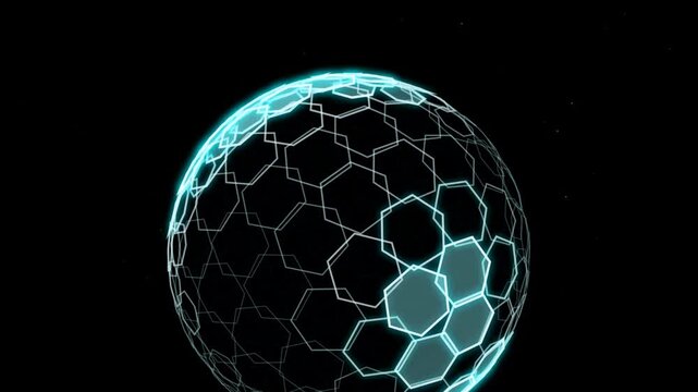 Glowing blue digital sphere with hexagon pattern on a dark background