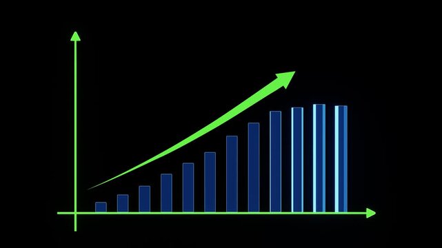 Animated bar chart with rising arrows showing steady upward growth. Suitable for economy, income, revenue, profit, or financial growth concept. Ideal for busines