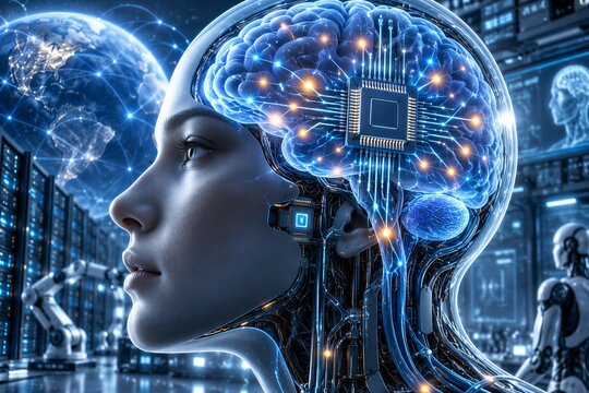 Futuristic Human Head Profile with Digital Brain and Computer Chip Representing Artificial Intelligence and Machine Learning Neural Networks.