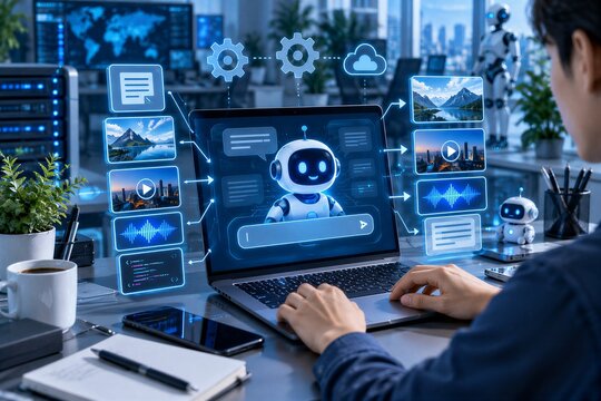 Prompt Engineering for Artificial Intelligence Content Generation: User on Laptop with Chatbot and Automation Icons for Digital Workflow