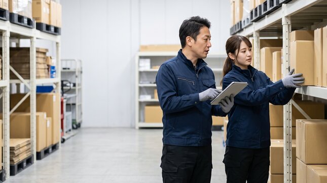 物流倉庫でタブレットを使用し在庫管理と棚卸し業務を行う男女の倉庫作業員