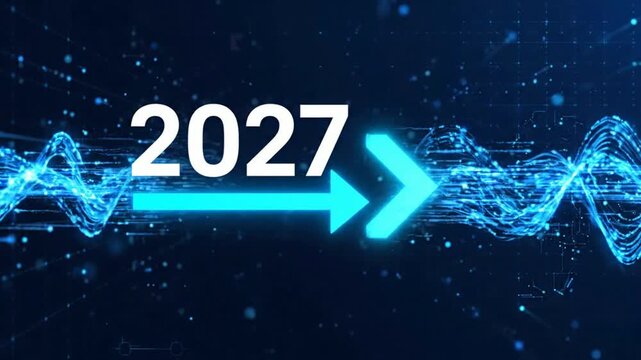 2027 future technology concept animation with glowing blue digital waves and forward progress arrow year 2027