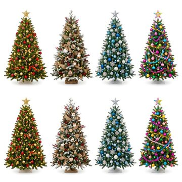 Four beautiful decorated artificial Christmas trees are isolated against a pure white studio background, displaying various festive styles, clean, artificial, bow