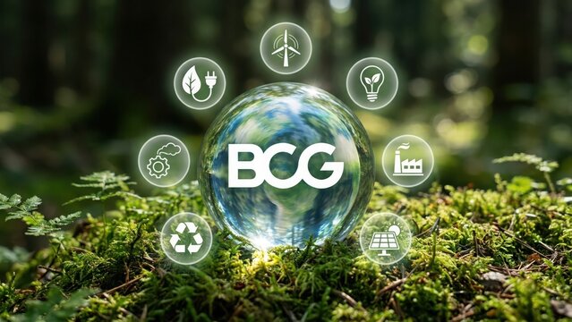 Bcg logo on crystal earth globe with green energy icons in a natural mossy forest