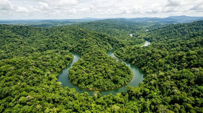 High-angle view of a winding river curving sharply through the dense, green rainforest canopy, with clouds in the distance, horizon, exotic, stream