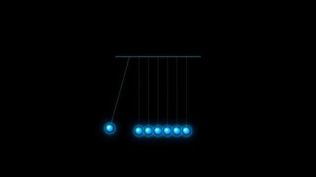 Glowing blue Newton cradle physics toy with swinging spheres on a dark background