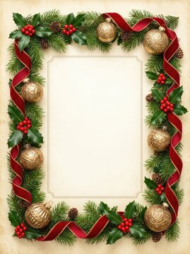 Ornamental border for holiday photos featuring pine branches, holly berries, pinecones, antique gold ornaments, and ribbon on aged textured paper, scrapbooking, decoration, floral