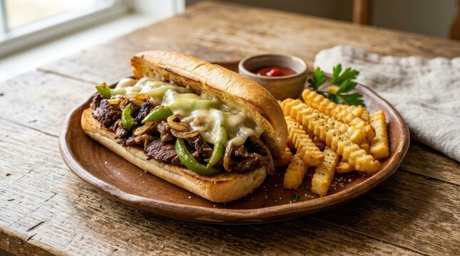 Rustic brown plate featuring a classic Philly cheesesteak with gooey provolone cheese, caramelized onions, green peppers, crinkle-cut fries, close-up, meat, steak sandwich
