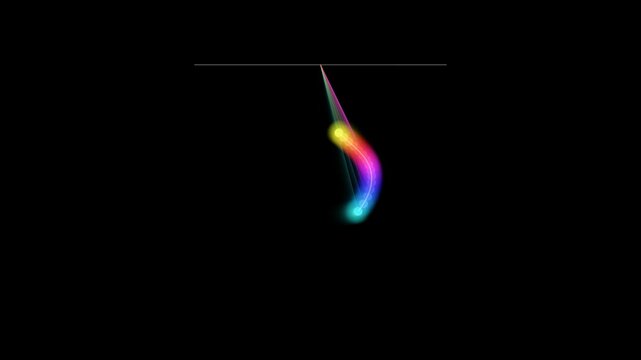 A vibrant rainbow-coloured glowing pendulum swinging back and forth against a deep black background. This abstract physics motion represents energy, rhythm, and futuristic technology concepts.