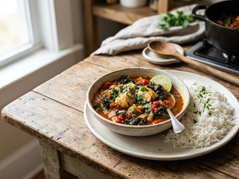 Savory fish stew cooked with leafy greens, tomatoes, and spices, served on a plate with fluffy white rice in a rustic kitchen setting, dish, catering, herbs