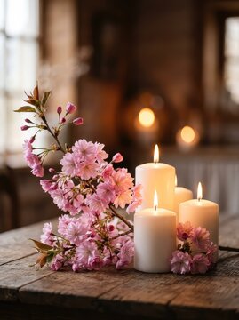 Serene arrangement of soft pink cherry blossoms and glowing white candles, creating a cozy and warm ambiance, blurred background with copy space, candle, lifestyle, flowering