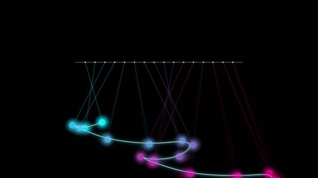 Abstract glowing neon pendulum movement showing physics motion waves with colorful light particles on a dark black background