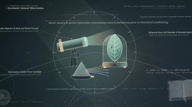 Animated infographic explaining the empirical scientific method, featuring stages from systematic observation to peer consensus through futuristic technical diagrams and HUD elements