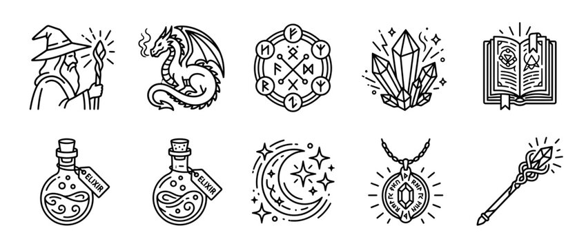 Fantasy Icon Set: Wizard, Dragon, Runes, Potions, Crystals