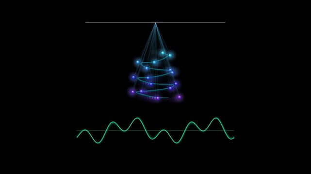 Abstract science illustration of a swinging pendulum creating light trails with a green wave graph on a black background