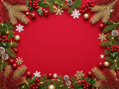 Vibrant red background framed by festive Christmas ornaments, glitter, branches, berries, and snowflakes, creating a cozy holiday border, Noel, ornaments, warmth