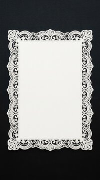 White lace edge paper rectangle on black background for invitations and scrapbooking. High quality texture and design. Elegant contrast, filigree, border, high quality