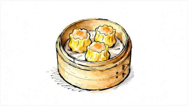 Watercolor ink illustration of classic Cantonese steamed siu mai dumplings in bamboo steamer