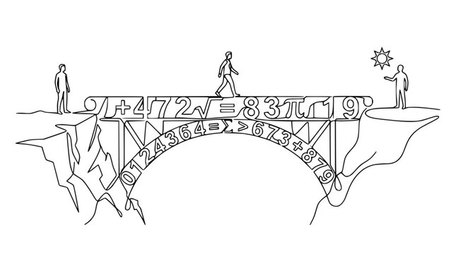 Abstract Bridge of Numbers Connecting Two Cliffs with People and Sun