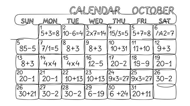 October Calendar Math Problems, Hand Drawn Style, Educational Concept