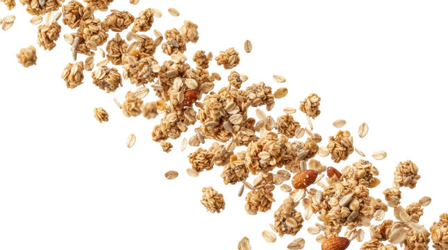 Falling granola clusters and oats isolated on white background